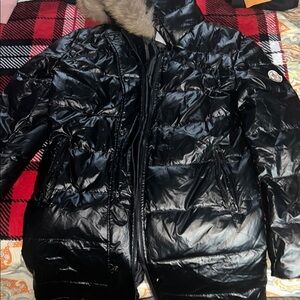 Moncler Shiny Black Puffer Jacket with Fur Hood